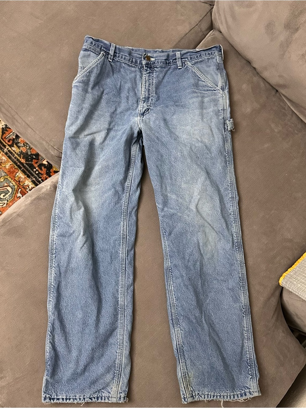 VTG Carhartt Flannel Lined Blue Denim Carpenter Jeans 36x31 B14DST Distressed